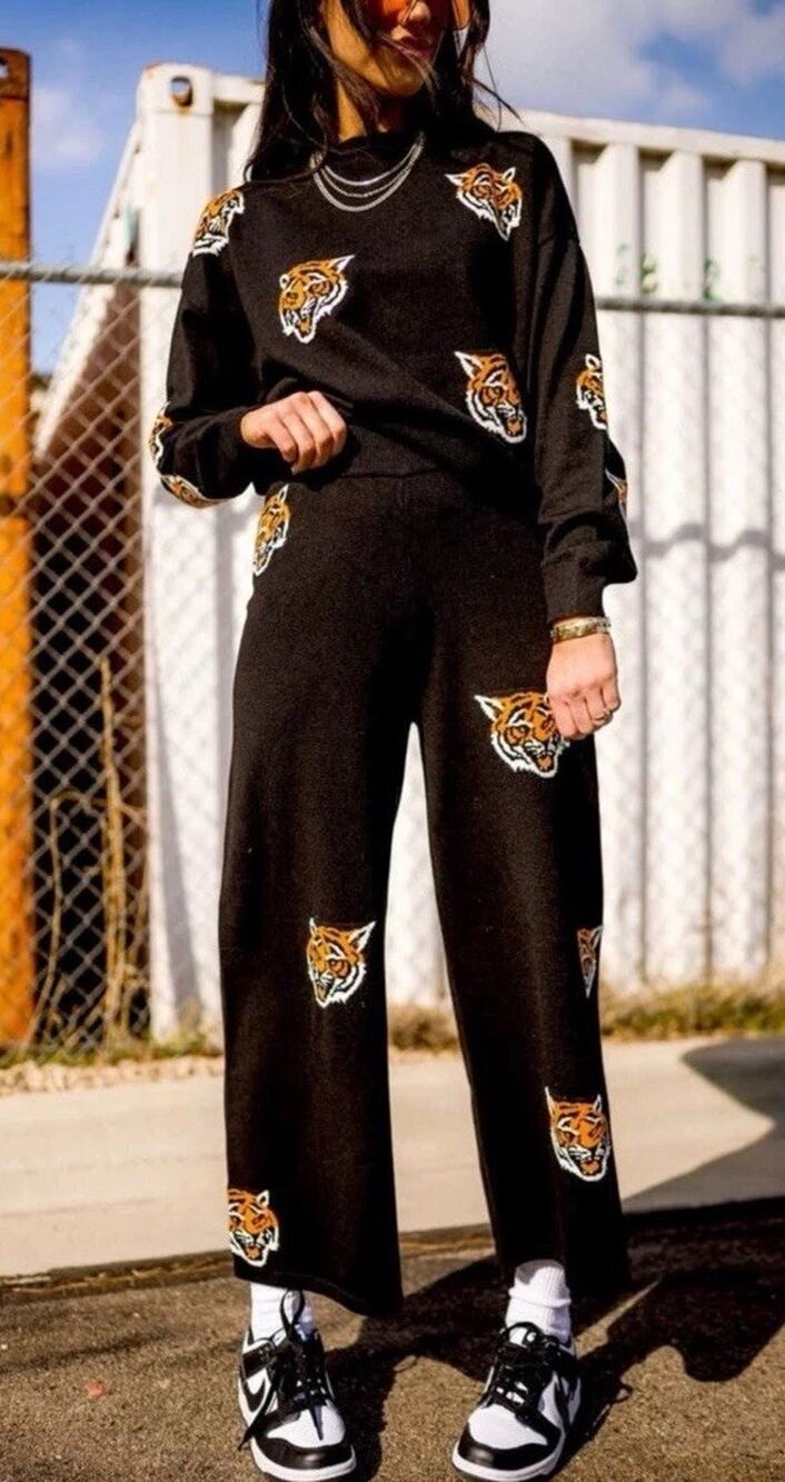 Dressed in Lala Fierce Knit Tiger Sweater & Wide Leg Pants Matching Set Size S